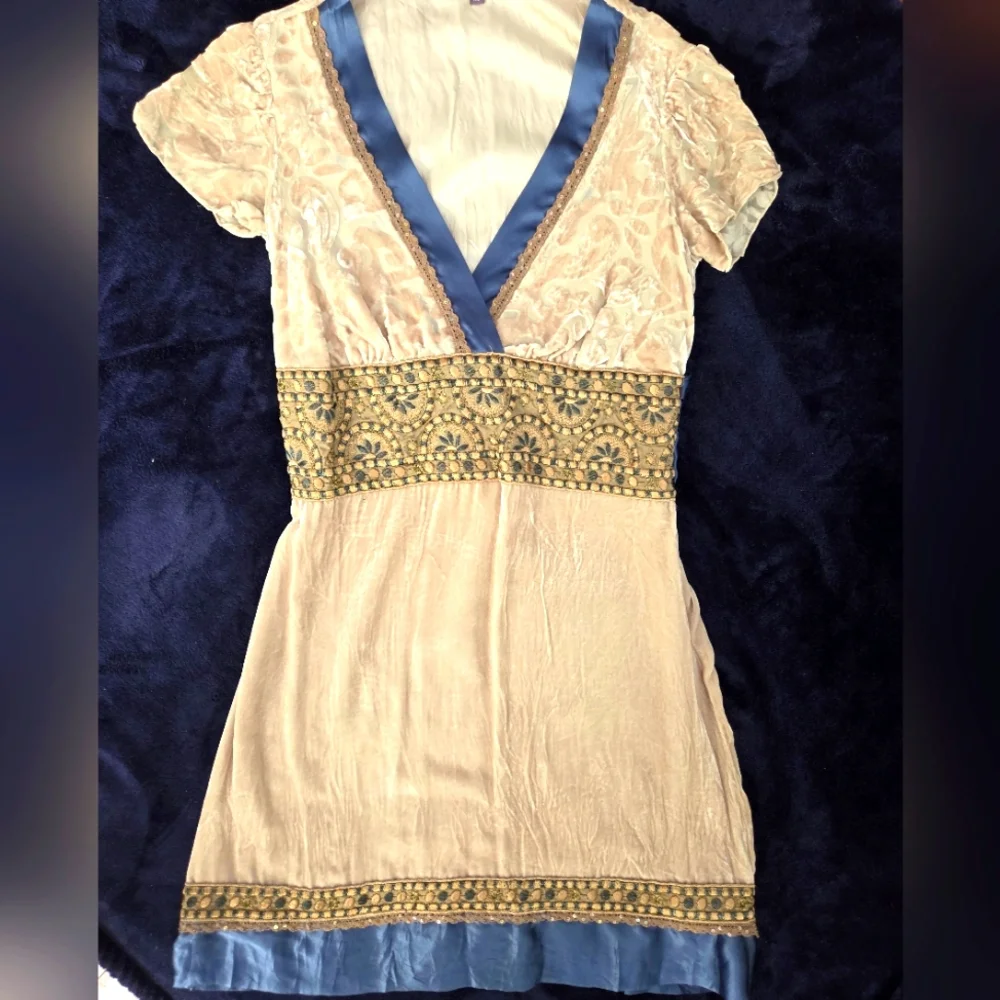 HALE BOB Blue and Cream Embellished Cap Sleeve Dress, SIZE XS - Picture 2 of 10